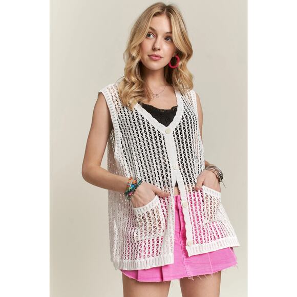ADORA Lightweight Button Down Front Pockets Crochet Detail Vest Cardigan | White - Picture 5 of 6